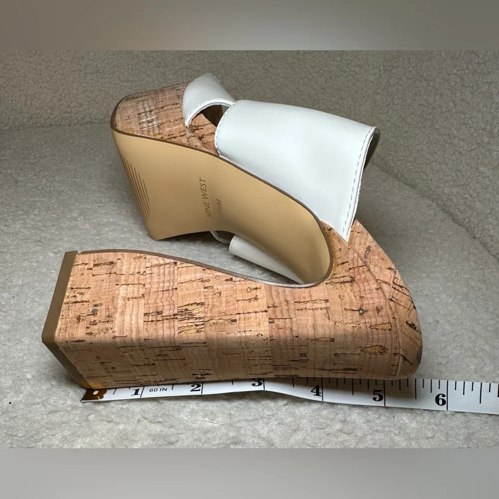 NWOT NINE WEST white‎ straps cork high heels platforms curved chunky summer 7.5